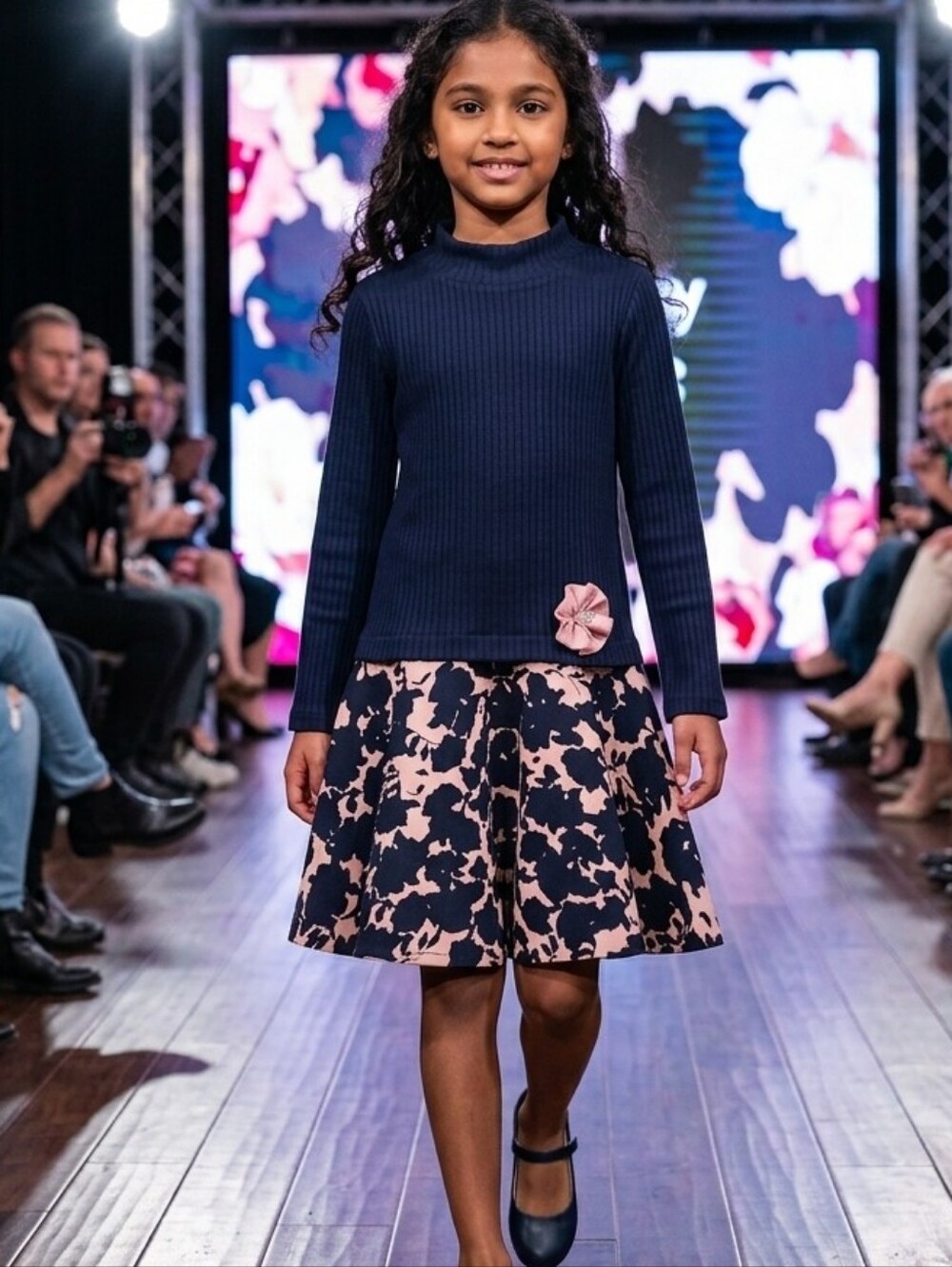 Bonnie Jean Girl's Navy Ribbed Bodice w/ Pink Floral Peplum Skirt, S-8, NWT